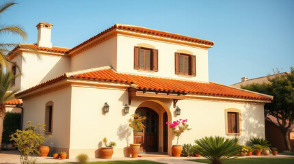 Fototapeta premium Two-Story Mediterranean-Style House with Terracotta Roof