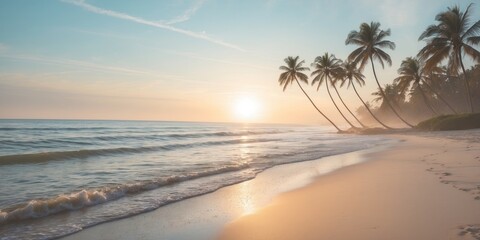 Sunrise over tranquil beach with gentle waves and palm trees in the background
