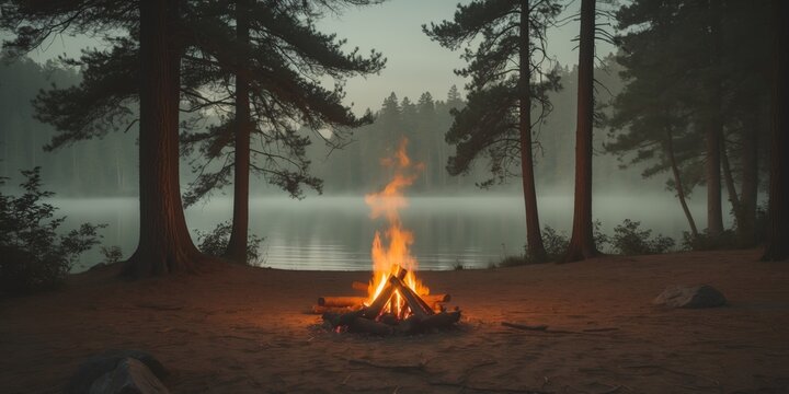 Tranquil campsite by a serene lake surrounded by pine trees and warm campfire glow