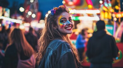 Obraz premium Night Fair Fun: A Portrait of a Smiling Girl with Colorful Face Paint at a Carnival