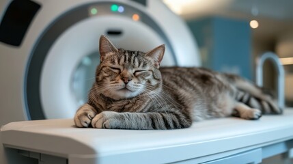 Cat undergoing mri scan in veterinary clinic medical environment close-up view animal care concept