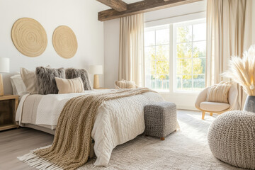 Cozy bohemian bedroom with large window showing green trees