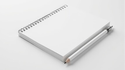 A blank spiral notebook and a pastel pink pencil on a white background