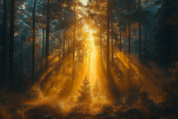 Obraz premium Photo réaliste d’une forêt mystique, baignée par des rayons de soleil dorés traversant les arbres, avec une légère brume s’élevant doucement du sol forestier, créant une atmosphère magique et éthérée