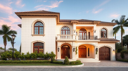 Two-story Mediterranean-style house with stucco exterior, arched entryways, balconies, and landscaping.  Warm lighting illuminates the facade at dusk.  Palm trees flank the property.