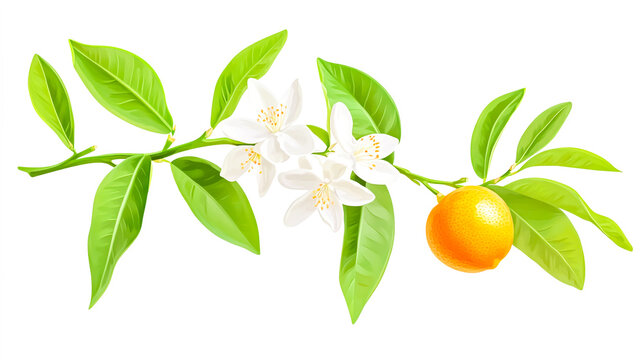 Branch of Citrus aurantium with Blossoms and Ripe Fruits, Isolated on a White Background for Botanical Illustration