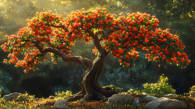 Stunning parrotia persica persian ironwood tree with vibrant foliage in a serene natural setting. Ebonwood. Illustration