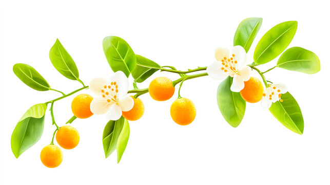 Branch of Citrus aurantium with Blossoms and Ripe Fruits, Isolated on a White Background for Botanical Illustration