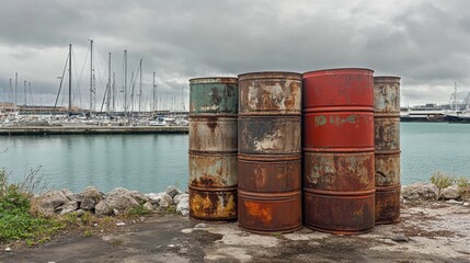 Obraz premium Abandoned Barrels Near Pier on Overcast Day