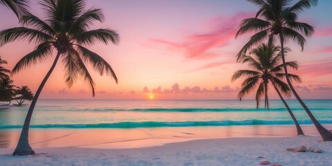 Obraz premium Stunning Sunset over Tranquil Tropical Beach with Swaying Palm Trees