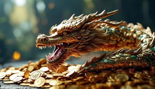 The golden dragon guards the treasure and gold coins. Animation of the dragon getting angry when its golden glory is about to be looted.