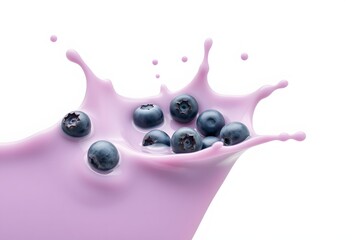 Blueberries splashing in pink liquid, highlighting freshness and flavor.