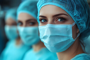 team of surgeons in a brightly lit operating room, wearing scrubs and masks, working with precision on a critical procedure, professional and focused atmosphere, realistic details, medical care repres