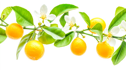 Branch of Citrus aurantium with Blossoms and Ripe Fruits, Isolated on a White Background for Botanical Illustration