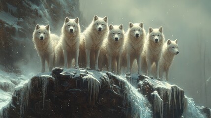 Obraz premium Majestic arctic wolves standing on snowy cliff.