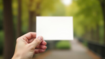 A hand holds a blank white card against a blurred natural background, offering space for custom text or design