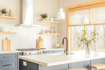 Fototapeta premium Modern farmhouse kitchen boasting herringbone tile and open shelving