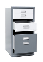 Filing cabinet with open drawers transparent background. high resolution PNG file