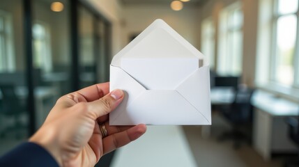 A person holding a brown envelope with a blank white card in a bright office setting