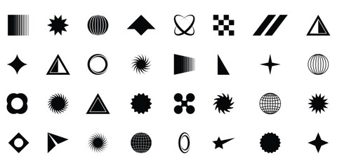 Y2k icons. Brutalist abstract geometric shapes. Retro futuristic elements for design. Retro futuristic y2k geometry design elements collection.