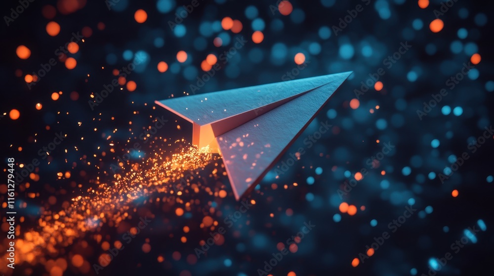 Poster dynamic paper airplane soaring through a digital space abstract design futuristic environment high-r