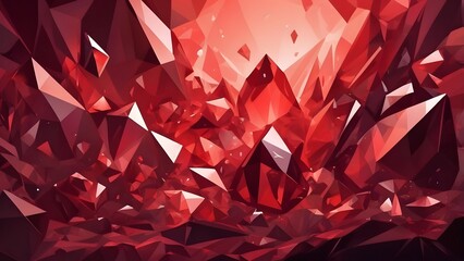 A striking, digitally rendered image of a colossal, faceted ruby crystal dominating the center of the frame, surrounded by a myriad of smaller, similarly hued crystals. For background wallpaper