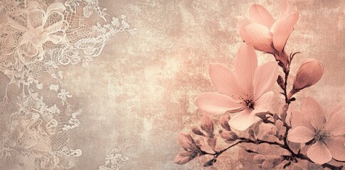 Delicate Magnolia Blooms and Lace Design on Textured Background
