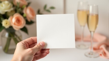 Obraz premium A hand holds a blank card in front of a floral bouquet and champagne glasses, perfect for invitations or announcements