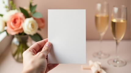 A hand holds a blank card in front of a floral bouquet and champagne glasses, perfect for invitations or announcements