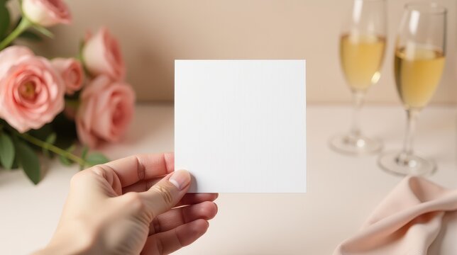 A hand holds a blank card in front of a floral bouquet and champagne glasses, perfect for invitations or announcements