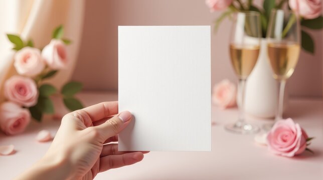 A hand holds a blank card in front of a floral bouquet and champagne glasses, perfect for invitations or announcements
