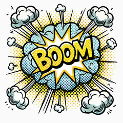 Cartoon comic sign burst cloud. Speech bubble, boom sign expression and   on a white background