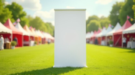 White advertising banner in a sunny outdoor festival scene surrounded by tents and people, perfect for branding or promotional displays
