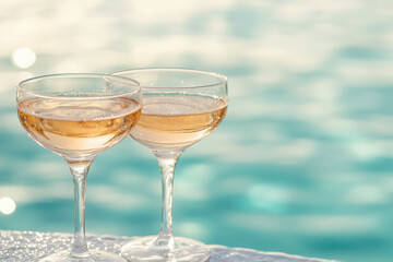 Set of two elegant coupe glasses with rose sparkling wine