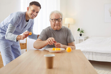 Senior nursing, health care of elderly people, young male geriatric brother nurse helping old man,...