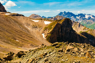 Alpine summer view at Mount Flimjoch, Ischgl, Paznaun, Silvretta, Landeck, Tyrol, Austria