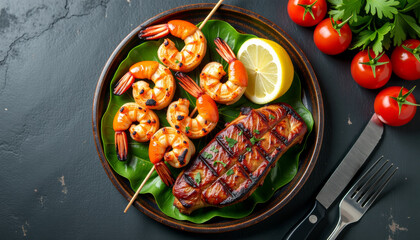 Grilled Shrimp and Pork with Lemon and Tomatoes