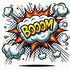 Cartoon comic sign burst cloud. Speech bubble, boom sign expression and   on a white background