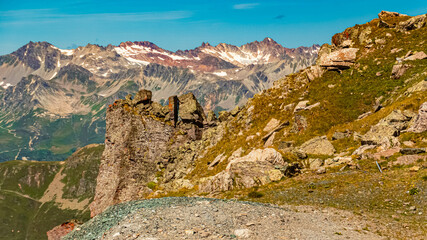 Alpine summer view at Mount Flimjoch, Ischgl, Paznaun, Silvretta, Landeck, Tyrol, Austria