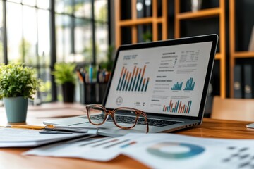 A modern office setup features a laptop with colorful charts and graphs on its screen. Nearby, stationery items and a small plant enhance the workspace ambiance.