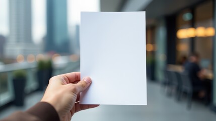 A person holds a blank sheet in focus against a blurred urban street scene with pedestrians