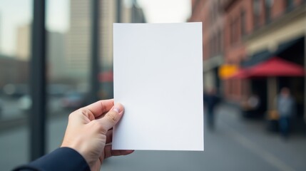 A person holds a blank sheet in focus against a blurred urban street scene with pedestrians