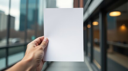 A person holds a blank sheet in focus against a blurred urban street scene with pedestrians
