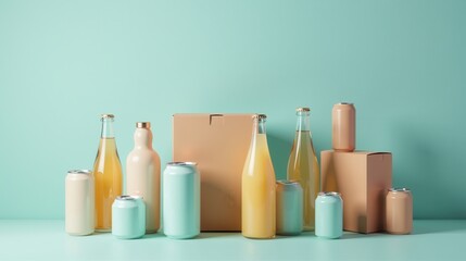 Minimalistic packaging design featuring assorted beverage containers and boxes in a neutral tone against a soft green background