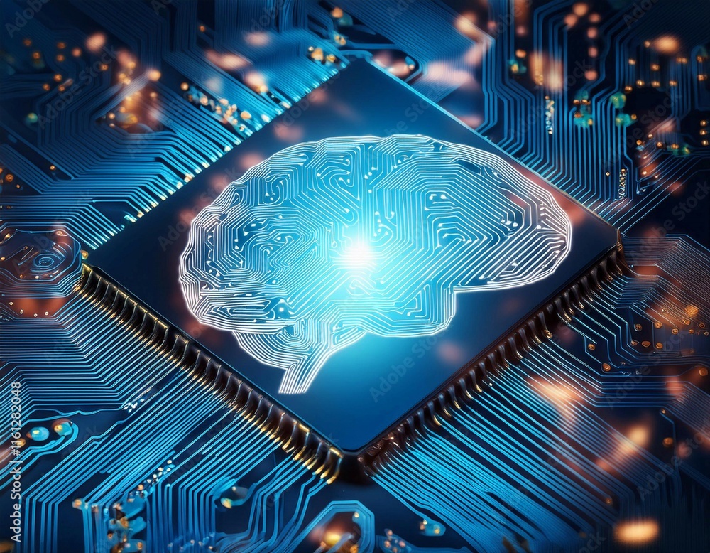 Poster intricate circuit board with illuminated brain symbol representing artificial intelligence technolog