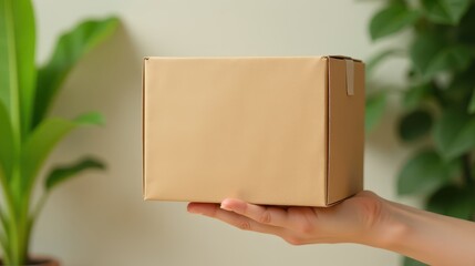 Fototapeta premium A hand holds a neatly wrapped brown gift box against a green leafy background, creating a natural and elegant presentation