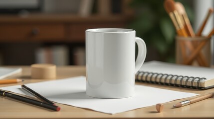 White mug on a wooden desk with a spiral notebook and stationery, creating a cozy workspace ambiance