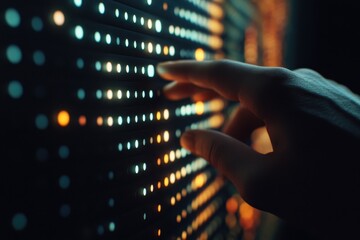 A hand reaches out to engage with a vibrant digital display featuring a series of colorful lights and captivating patterns in a dark indoor space.