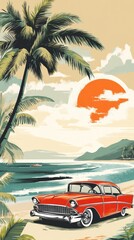 Classic Car Beach Sunset Tropical Paradise