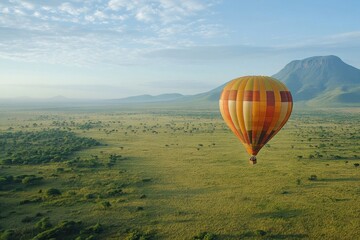 Obraz premium Colorful hot air balloons float over lush green savanna during morning hours in a scenic landscape